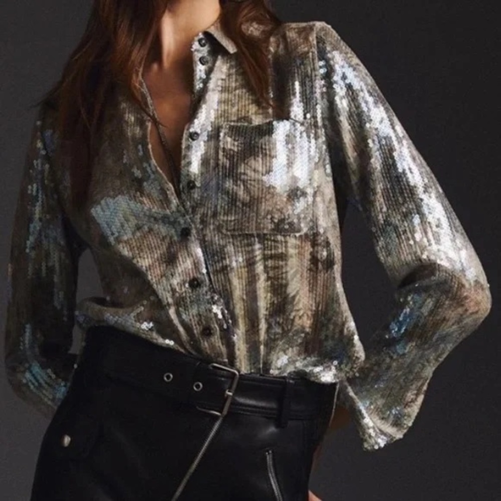 Anthropologie Pilcro Sunken Sequin Blouse Top L/S Shirt Grey/ Blue S Small